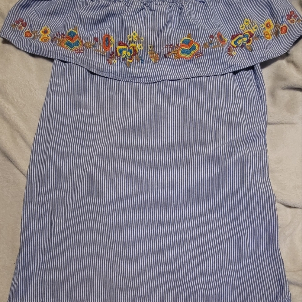 Blue Striped Off-Shoulder Dress with Embroidery